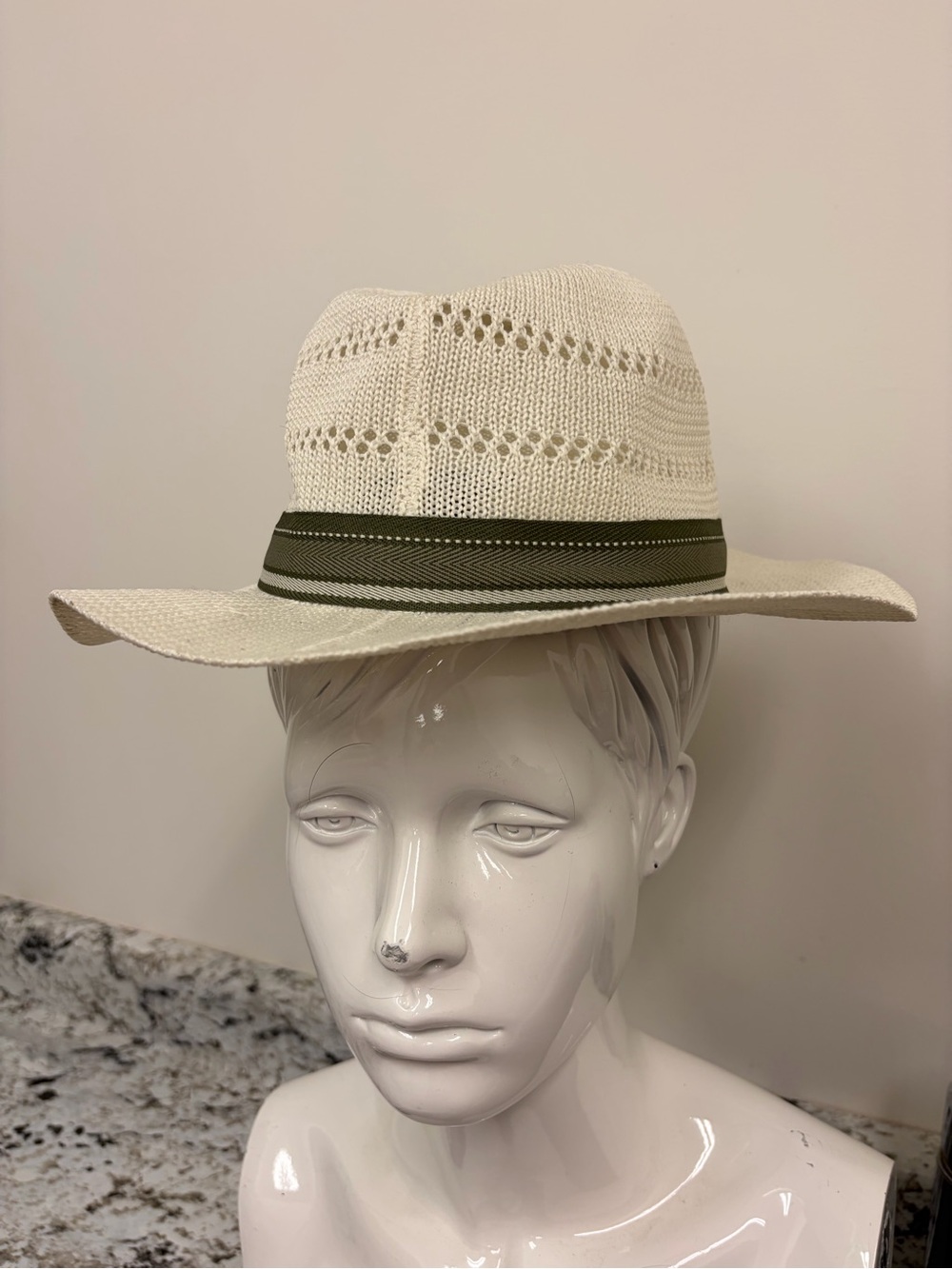 Barbour Cream Crochet Fedora Hat with Olive Grosgrain Trim